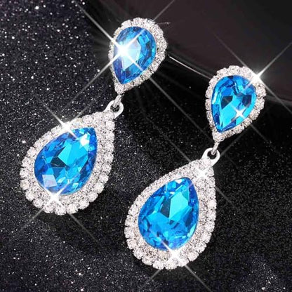 Catery Crystal Wedding Earrings Silver Rhinestone Ear Rings Teardrop Bridal Ear Jewelry for Brides and Women - color: Aquamarine