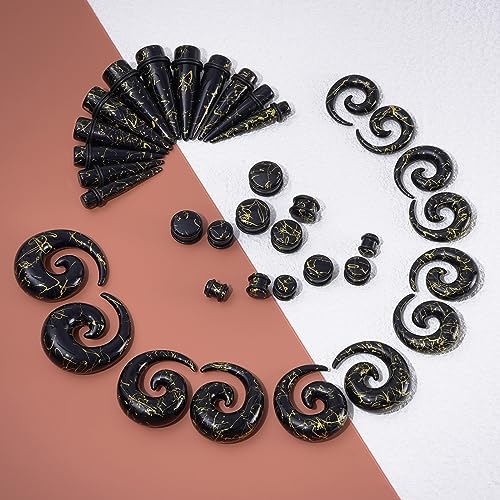 Qmcandy 00G-20mm Ear Stretching Kit 36PCS Big Gauge Taper Kit Large Acrylic Tunnel Plug Spiral Set - color: 36pcs Gloden Line, Black