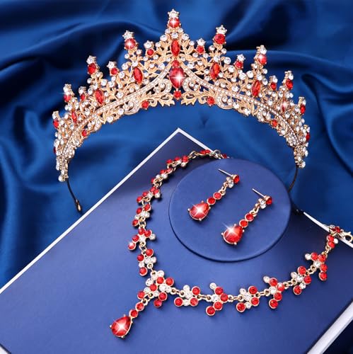 Crystal Crown and Tiara Jewelry Set for Women Bride with Necklace Earrings | Metal Rhinestone Royal Queen Princess Jewelry Set Wedding Quinceanera Pageant Prom Birthday Halloween Party Costume Gift - color: Red