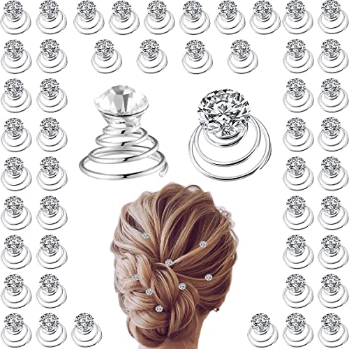 50 Pieces Crystal Twisters Spiral Set Bridal Rhinestone Gems Hair Pins Silver Coil Hair Gems Hair Clips for Wedding Party Prom with Clear Box for Women Girls Party Gift(Diamond Style) - color: Diamond