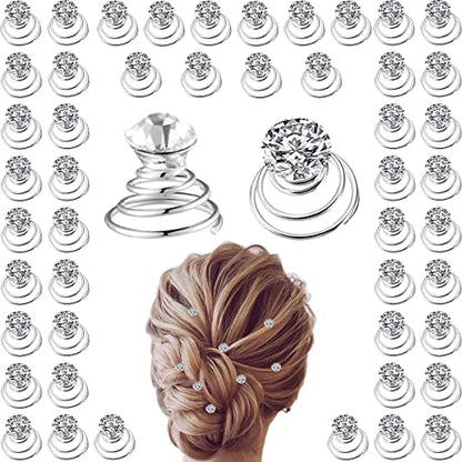 50 Pieces Crystal Twisters Spiral Set Bridal Rhinestone Gems Hair Pins Silver Coil Hair Gems Hair Clips for Wedding Party Prom with Clear Box for Women Girls Party Gift(Diamond Style) - color: Diamond