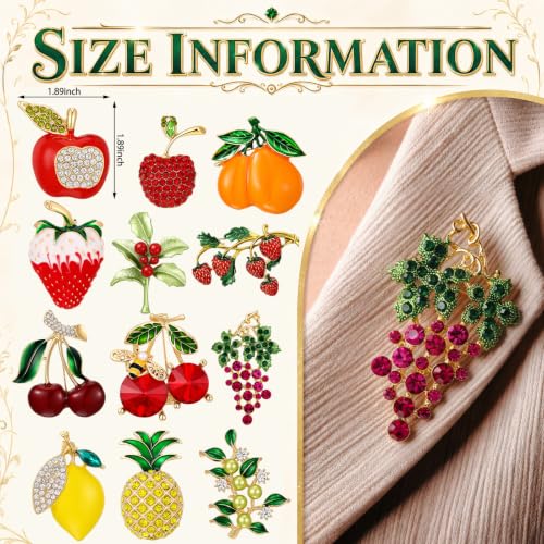 12 Pcs Women Brooches Bulk Vintage Rhinestone Pin Set - style: Fruit