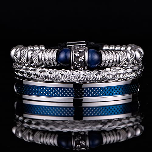 3pcs/set Classical Handmade Braiding Bracelet Hip Hop Men Pave CZ Leopard Head Roman Numeral Bracelet Stainless Steel Jewelry - color: 3pcs V Blue