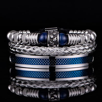 3pcs/set Classical Handmade Braiding Bracelet Hip Hop Men Pave CZ Leopard Head Roman Numeral Bracelet Stainless Steel Jewelry - color: 3pcs V Blue