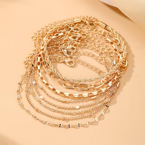 IFKM Gold Bracelets for Women, 14K Gold Plated Dainty Link Chain Bracelet set, Trendy Stackable Layered Bracelets jewelry Gifts - style: 8pcs Chain twist box