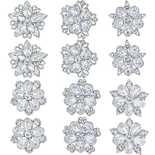 Lot 12pcs Assorted Crystal Rhinestone Flower Brooch Pin Set for Women DIY Bridal Wedding Bouquet Kit - color: Silver - 12pcs