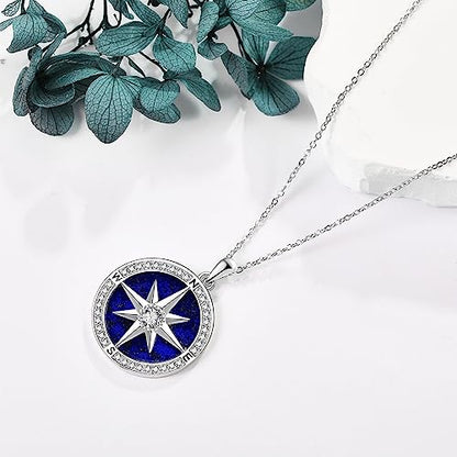Moon/Lighthouse Necklace 925 Sterling Silver Abalone/Lapis Lazuli Lotus Flower Necklace for Women Crescent Jewelry Gift - style: Compass