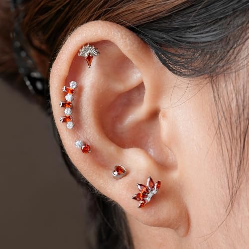 FINE4U 1PC ASTM F136 Titanium 16G Flatback Stud for Tragus, Helix, Conch 6mm 8mm - Screw on Cartilage Earring Piercing Jewelry - color: Flower CZ - Garnet - Tit