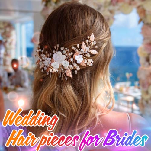 Flower Bride Wedding Hair Vine Pearl Bridal Hair Piece Leaf Hair Accessories Rhinestone Headband for Women (Rose Gold) - color: Rose Gold