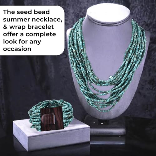 Shop LC Seed Bead Necklace Bracelet Set Boho Jewelry for Women | Multi Layered Boho, Wooden Clasp, 18 Inch Necklace, Stretchable Bracelet - color: Green