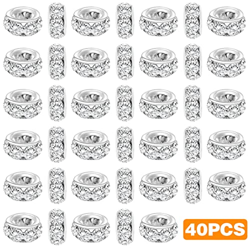 BronaGrand 40pcs 12mm Large Hole Rhinestone European Beads, Crystal Rondelle Spacer Beads Round Loose Beads for Snake Chain Bracelet DIY Jewelry Making, Hole: 8mm - color: Silver, size: 12MM