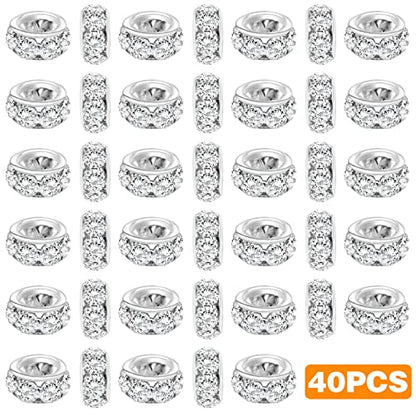 BronaGrand 40pcs 12mm Large Hole Rhinestone European Beads, Crystal Rondelle Spacer Beads Round Loose Beads for Snake Chain Bracelet DIY Jewelry Making, Hole: 8mm - color: Silver, size: 12MM