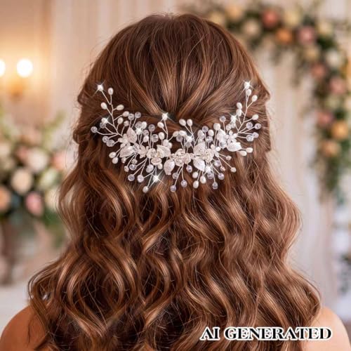 Flower Bride Wedding Hair Accessory Crystal Headpiece Hair Vine | Silver Leaf Bridal Hair Accessories Pearl Headpieces for Women - color: A-Silver