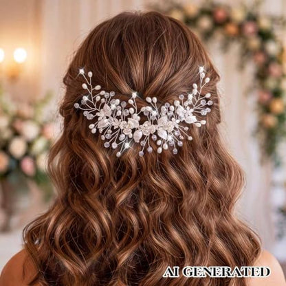 Flower Bride Wedding Hair Accessory Crystal Headpiece Hair Vine | Silver Leaf Bridal Hair Accessories Pearl Headpieces for Women - color: A-Silver