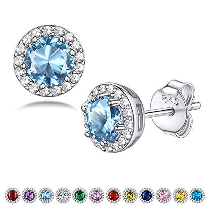 Bestyle Sparkling 925 Sterling Silver Birthstone Stud Earrings for Women, Heart/Round/Teardrop/Square Solitaire Diamond Studs Earrings, Great Birthday/Christmas Gifts - style: 03. Blue Aquamarine-Mar.-round