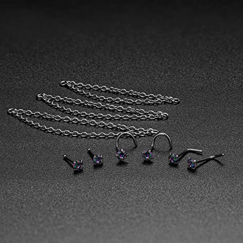 Nose Ring Chain Across Nose Black Stainless Steel Nostril Nose Piercing Chain with Cubic Zirconia Nose Screw Bone L-Shaped Ring for Women Body Piercing Nostril Jewelry with Bridge Chain - color: Silver-Double Nose Chain Studs