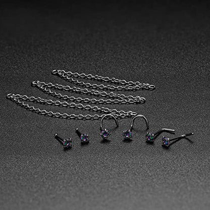 Nose Ring Chain Across Nose Black Stainless Steel Nostril Nose Piercing Chain with Cubic Zirconia Nose Screw Bone L-Shaped Ring for Women Body Piercing Nostril Jewelry with Bridge Chain - color: Silver-Double Nose Chain Studs