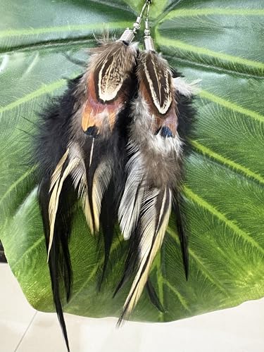 Bohemian Pheasant Peacock Long Feathers Statement Earrings Handmade Natural Lightweight Feather Dangle Earrings for Women (ea000071) - color: Black B