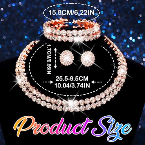 Silver Jewelry Set Rhinestone Necklace Earrings Bracelet Sets Wedding Prom Formal Jewelry for Women and Brides - color: Rose Gold