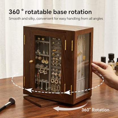360 Rotating Design Wooden Jewelry Box for Women | Large Jewelry Organizer with Velvet Lining, 5 Drawers, Transparent Glass Doors, Black Walnut Wood Grain - size: Rotation