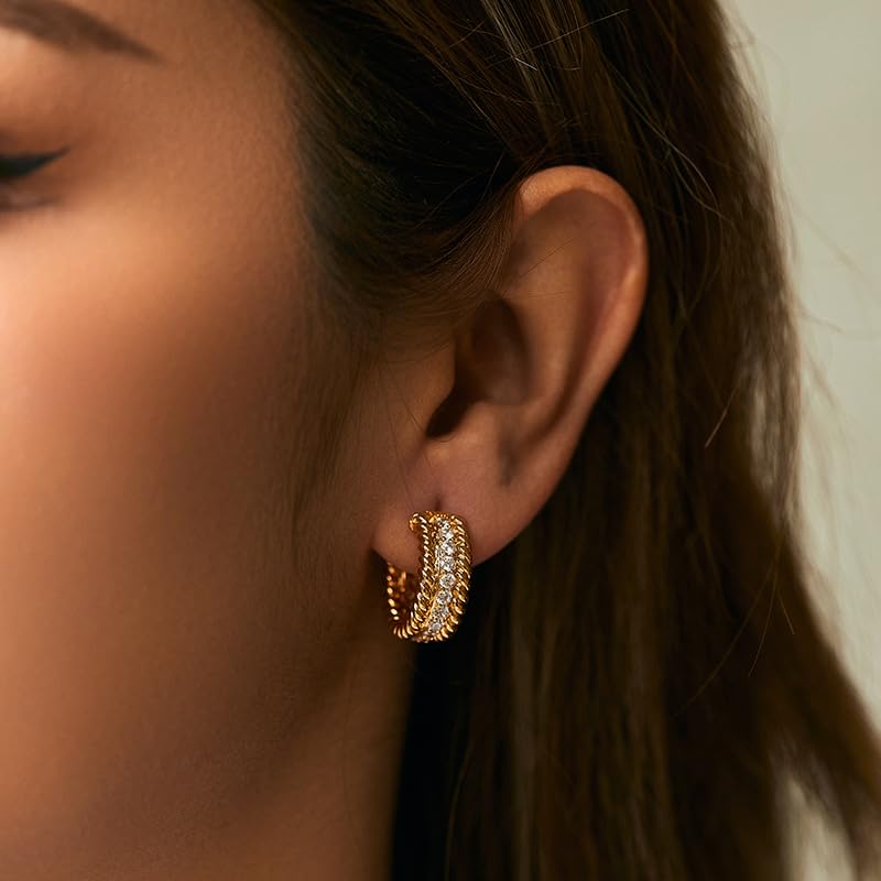 Small Gold Twisted Hoop Earrings for Women, 18K Gold Plated Hypoallergenic Chunky Cubic Zirconia Huggie Hoop Earrings Jewelry Gifts for Women