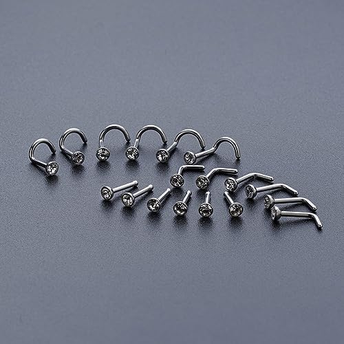 20G & 18G Nose Rings - Black, Silver & Gold Stainless Steel Studs & Screws - L Shaped & Bone Nose Rings Set - Clear CZ Nostril Piercing Jewelry - color: Silver: 3mm White-CZ/ Nose Bone/ 20G/ 6Pcs