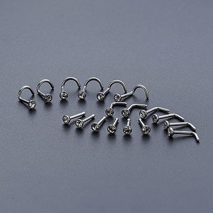 20G & 18G Nose Rings - Black, Silver & Gold Stainless Steel Studs & Screws - L Shaped & Bone Nose Rings Set - Clear CZ Nostril Piercing Jewelry - color: Silver: 3mm White-CZ/ Nose Bone/ 20G/ 6Pcs