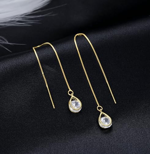 Reffeer Solid 925 Sterling Silver CZ Droplet Chain Dangle Earrings for Women Teen Girls Tassel Dangle Earrings Threader - color: B-Yellow