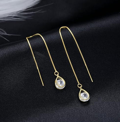 Reffeer Solid 925 Sterling Silver CZ Droplet Chain Dangle Earrings for Women Teen Girls Tassel Dangle Earrings Threader - color: B-Yellow