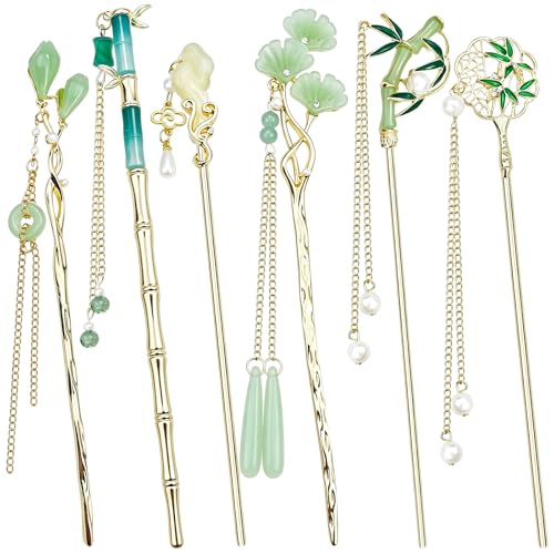 6Pcs Chinese Hair Pins, Gold White Japanese Hair Stick with Pearl Flower Bamboo Leaves Design, Retro Asian Gold Metal Hair Sticks Pins, Hair Bun Updo Holders Hair Chopstick Accessories for Women