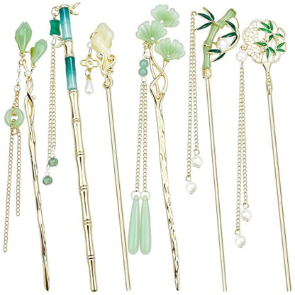 6Pcs Chinese Hair Pins, Gold White Japanese Hair Stick with Pearl Flower Bamboo Leaves Design, Retro Asian Gold Metal Hair Sticks Pins, Hair Bun Updo Holders Hair Chopstick Accessories for Women