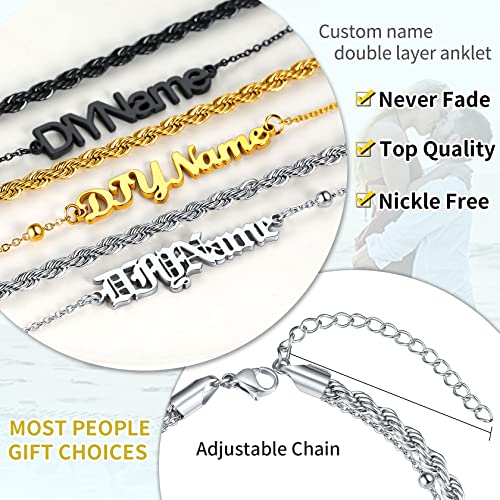 ChainsHouse Double Layer Anklet Bracelet for Women,Adjustable Chain Anklets Stackable Dainty Anklets,Stainless Steel/Gold Plated/Black Ankle Jewelry Gifts - color: A-Silver-Rope Chain