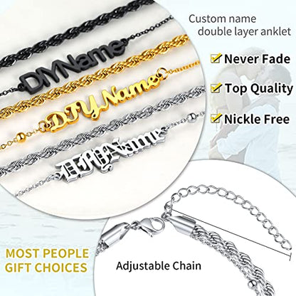 ChainsHouse Double Layer Anklet Bracelet for Women,Adjustable Chain Anklets Stackable Dainty Anklets,Stainless Steel/Gold Plated/Black Ankle Jewelry Gifts - color: A-Silver-Rope Chain