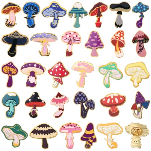 30/60 Pcs Cute Enamel Pins Bulk Plant Flower Animal Halloween Gothic Fall Pumpkin Cartoon Lapel Pin Brooches Jewelry Gift for Backpack Clothes Hats Accessories - style: Mushroom