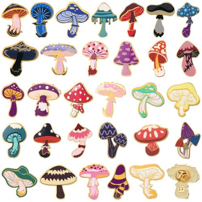 30/60 Pcs Cute Enamel Pins Bulk Plant Flower Animal Halloween Gothic Fall Pumpkin Cartoon Lapel Pin Brooches Jewelry Gift for Backpack Clothes Hats Accessories - style: Mushroom