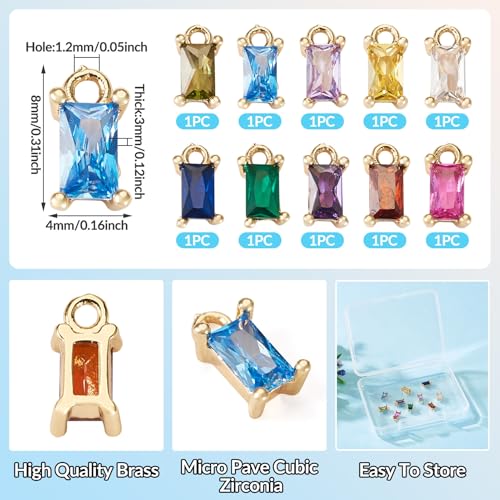 Beadthoven 10pcs Real 18K Gold Plated Rectangle Crystal Charms Pendants Micro Pave Cubic Zirconia Birthstone Charms Mini Necklace Pendants for Jewelry Making Bracelets Choker Earrings DIY Crafts - color: Mini Rectangle
