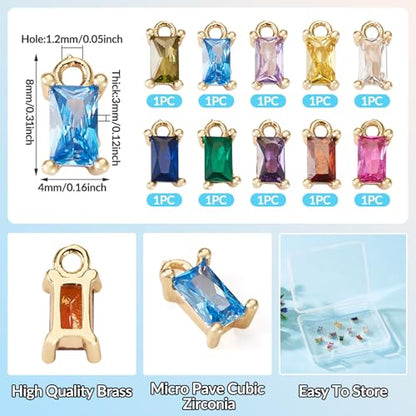 Beadthoven 10pcs Real 18K Gold Plated Rectangle Crystal Charms Pendants Micro Pave Cubic Zirconia Birthstone Charms Mini Necklace Pendants for Jewelry Making Bracelets Choker Earrings DIY Crafts - color: Mini Rectangle