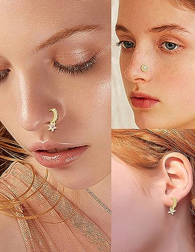 Akeoqi 18Pcs Nose Rings Hoops L Shape Nose Studs Screw Bone CZ Butterfly Flower Cross Leaf Star Crown Heart Nose Nostril Piercings Jewelry Set For Women Men Gold Silver Tone 20G - color: A1:Gold-18PCS