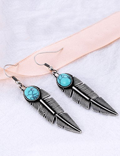 Women's Created-Turquoise Earrings Bohemian Compressed-Turquoise Jewelry Mother Gifts Pendant Metal Tribal Feather Tibetan Dangle Drop Earrings for Women | Compressed-Turquoise Jewelry,Mother Gifts,Pendant Metal Tribal Feather Tibetan Dangle Drop Earrings