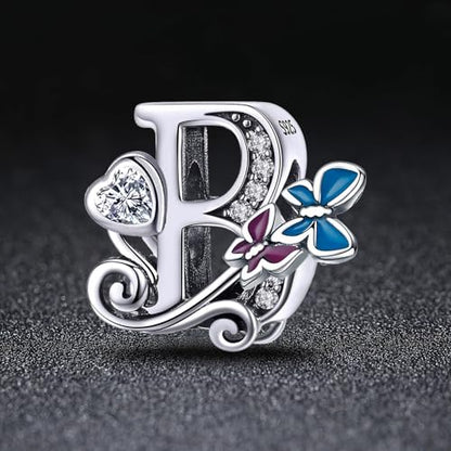 S925 Silver Butterfly Initial Letter Charms Fit for Pandora Charms Bracelets and Necklace Alphabet Bead Charms Jewelry Gifts for Women - color: B