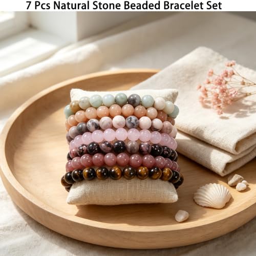 COLOYAN 7 Pcs 8mm Natural Stone Beaded Healing Crystal Bracelets for Women | Durable Handmade Stretch Bracelets, Multiple Styles,Semi-Precious Gemstones Reiki Spiritual Jewelry Gift Meditation Yoga - color: C