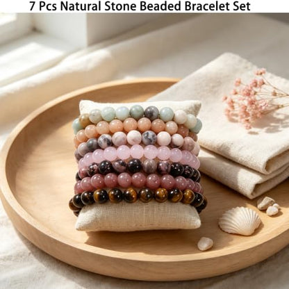COLOYAN 7 Pcs 8mm Natural Stone Beaded Healing Crystal Bracelets for Women | Durable Handmade Stretch Bracelets, Multiple Styles,Semi-Precious Gemstones Reiki Spiritual Jewelry Gift Meditation Yoga - color: C