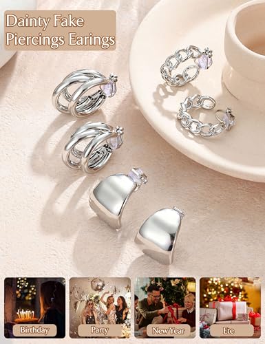 11 Pairs Clip on Earrings for Women 14K Gold Plated Clip Earring | Hypoallergenic Earrings for Non Pierced Ears, Chunky Cubic Zirconia Pearl Knot Flower Fake Ear Clips Set Jewelry - color: Silver Plated