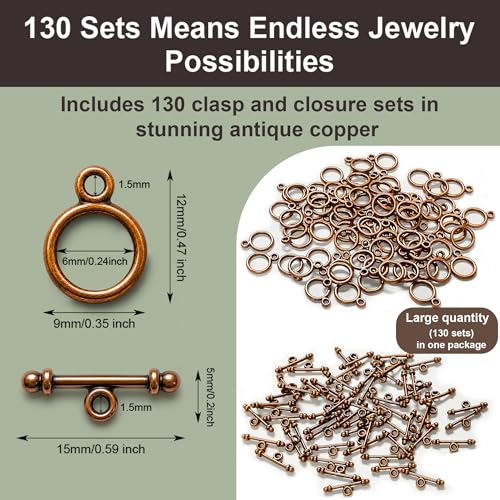 Heather's cf Toggle Jewelry Clasps – Durable Quality, Antique Plain Copper Finish Toggle Clasps & Closures for Necklace, Bracelet & Charms – Ideal for DIY, & Jewelry Making – Small (Set of 130) - color: Copper small