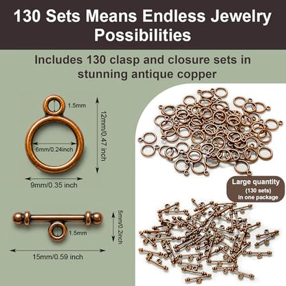 Heather's cf Toggle Jewelry Clasps – Durable Quality, Antique Plain Copper Finish Toggle Clasps & Closures for Necklace, Bracelet & Charms – Ideal for DIY, & Jewelry Making – Small (Set of 130) - color: Copper small