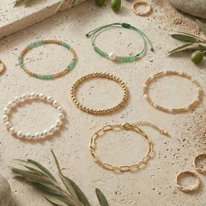 5Pcs Stack Gold Plated Ball Beaded Bracelets Set for Women, Boho Handmade Colorful Glass Pearl Stretch Accessories Jewelry, Summer Beach Daily Wear Holiday Friendship Gift - color: Green Gold
