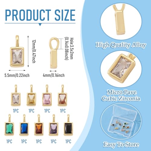 9Pcs Cubic Zirconia Crystal Charms Rectangle Brass Golden Plated Pendants Faceted Crystal Drop BirthstoneDangle Charms for DIY Necklace Earring Jewelry Making 12x5.5x4mm - color: Rectangle #2