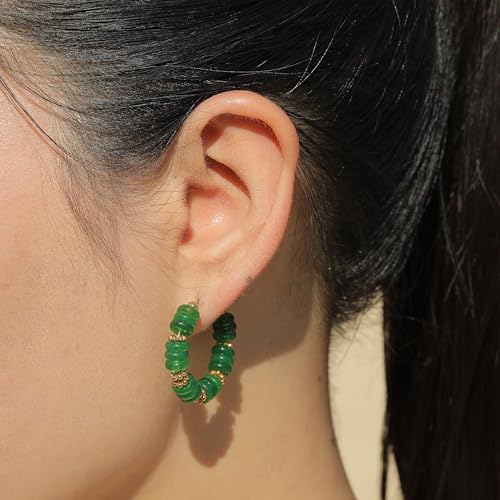 Wellike Beaded Hoop Earrings for Women Natural Stone Pink Gold Huggie Earrings Hypoallergenic Dainty Waterproof Trendy Jewelry - color: green, size: 30mm