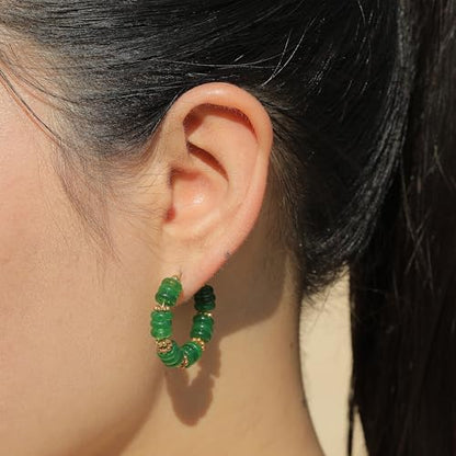 Wellike Beaded Hoop Earrings for Women Natural Stone Pink Gold Huggie Earrings Hypoallergenic Dainty Waterproof Trendy Jewelry - color: green, size: 30mm