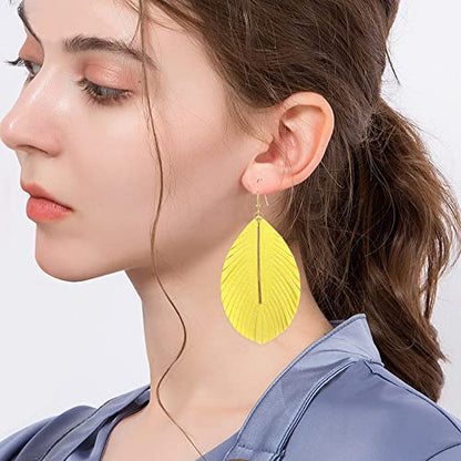 YUNXI Large Genuine Soft Leather Handmade Fringe Feather Lightweight Leaf with Simple Drop Metal Bar Tear Drop Dangle Color Earrings for Women - color: Light Yellow